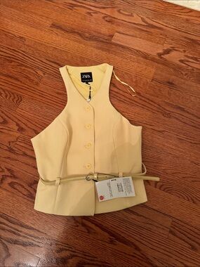 Zara butter yellow button vest halter top with belt size xs NWT